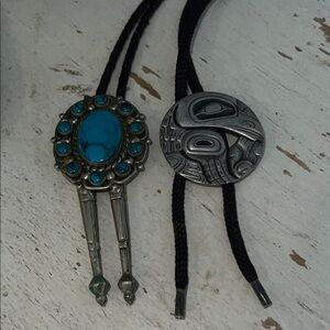 2 Vintage Western Bolo tie nickel silver faux turquoise & pewter   Frederick